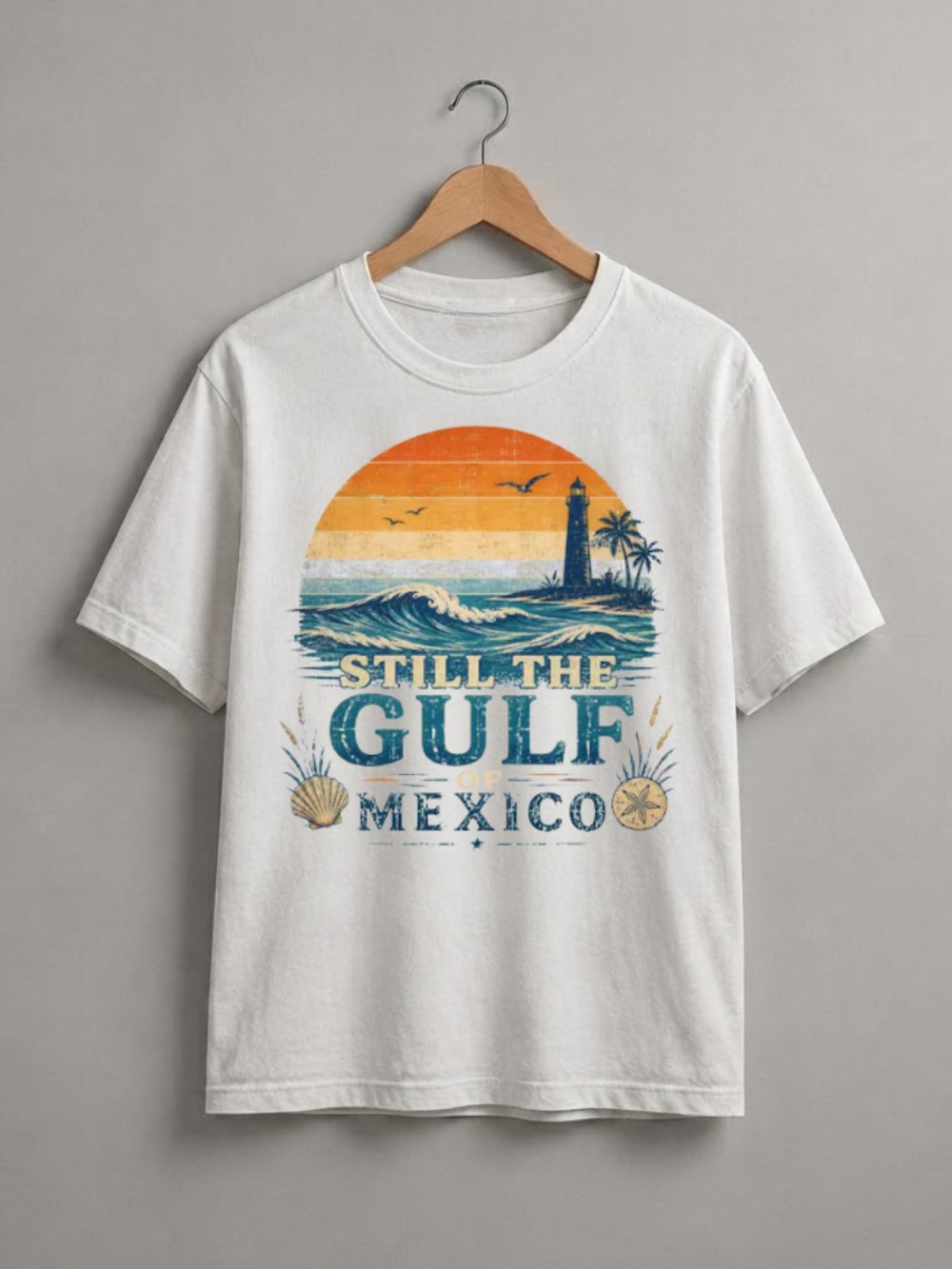 White Short-Sleeve Tee with Sunset Coastal Graphic